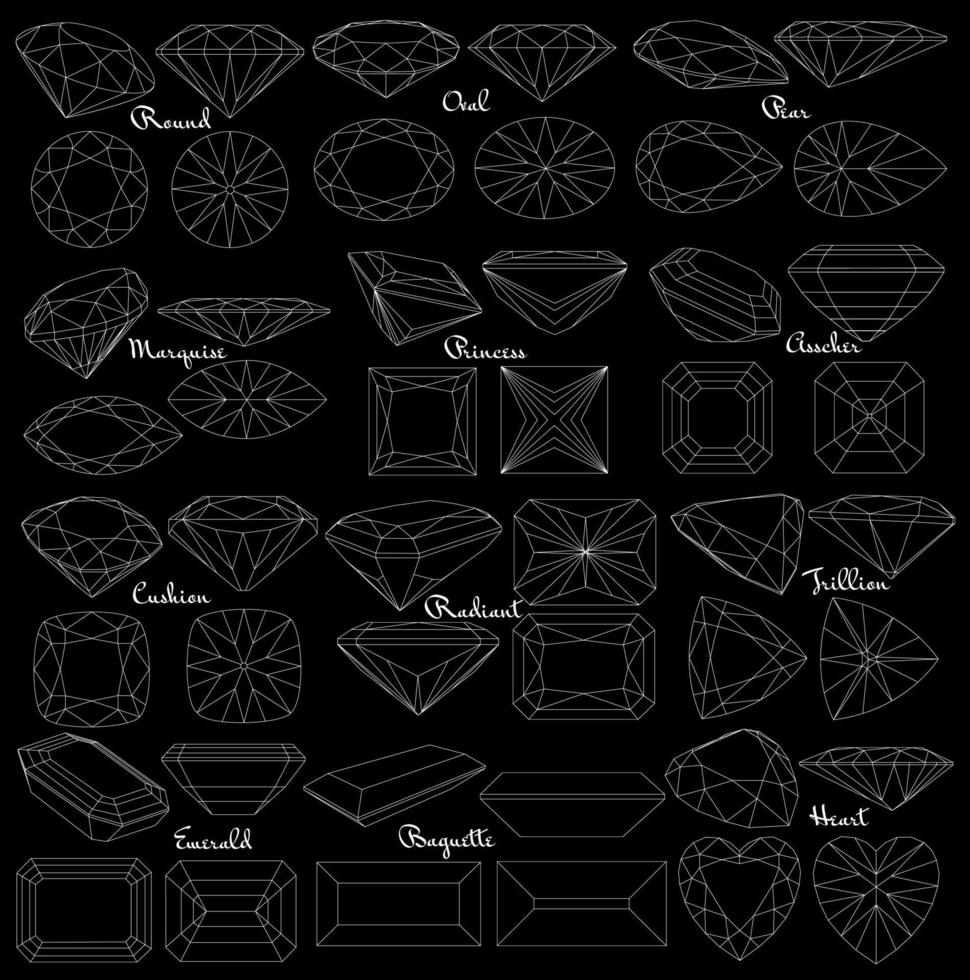 skära ädelstenar. typer av diamantslipade. fyra sidor av smycken med facetter för bakgrund, snidning och färgläggning. vektor