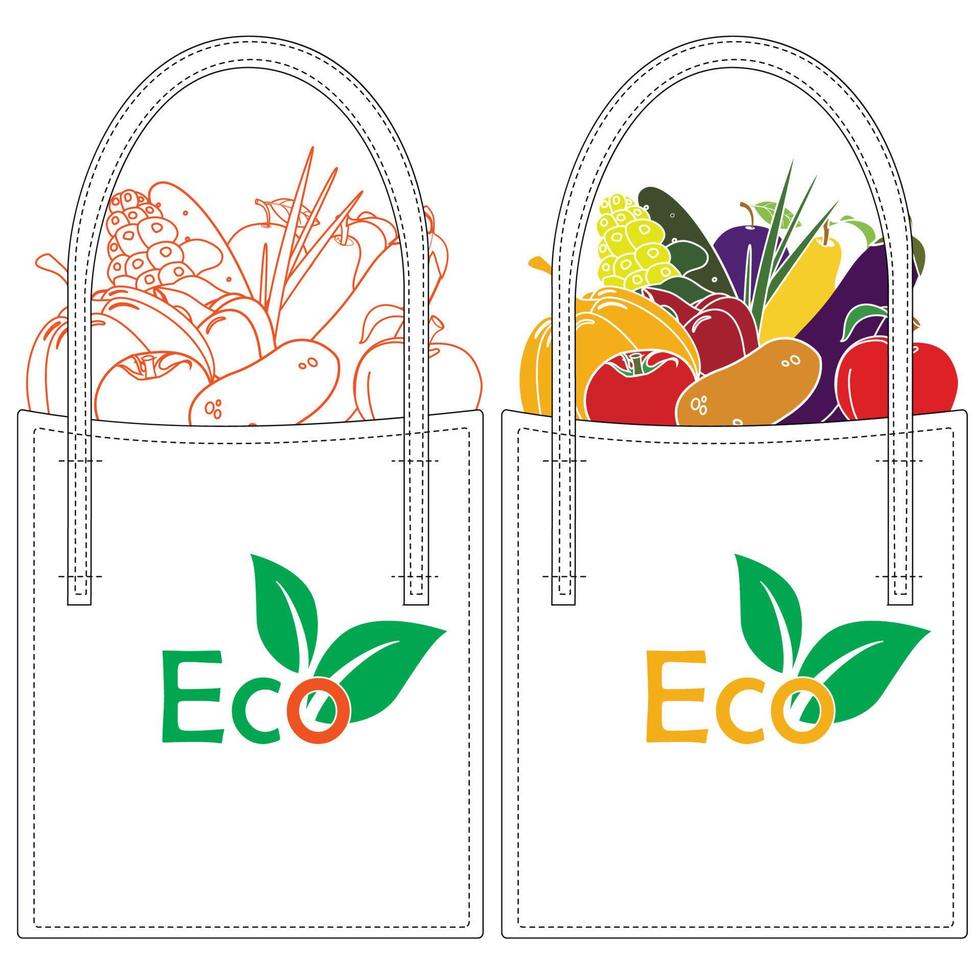 Öko-Tasche mit Gemüse und Obst. Abbildung eines Umweltprodukts, das zum Recycling verwendet wird, als Beispiel für Umweltschutz. vektor