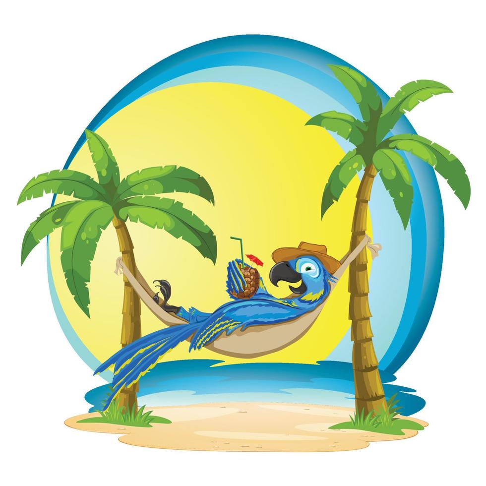 ara in einer hängematte mit einem cocktail auf einem tropischen hintergrund. Illustration eines Papageis mit Meer und Palmen. vektor