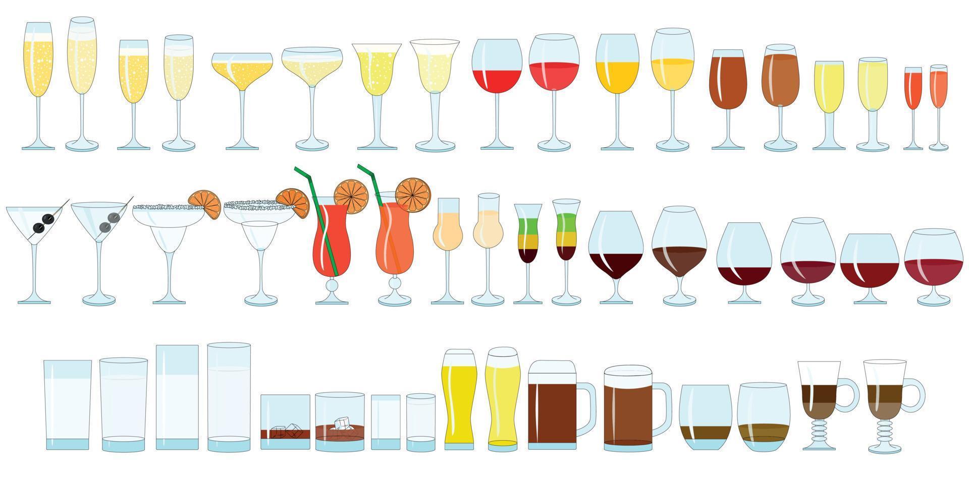 glas för vin färg illustration, champagne, whisky, konjak. typer av glas för alkoholhaltiga och alkoholfria drycker. vektor