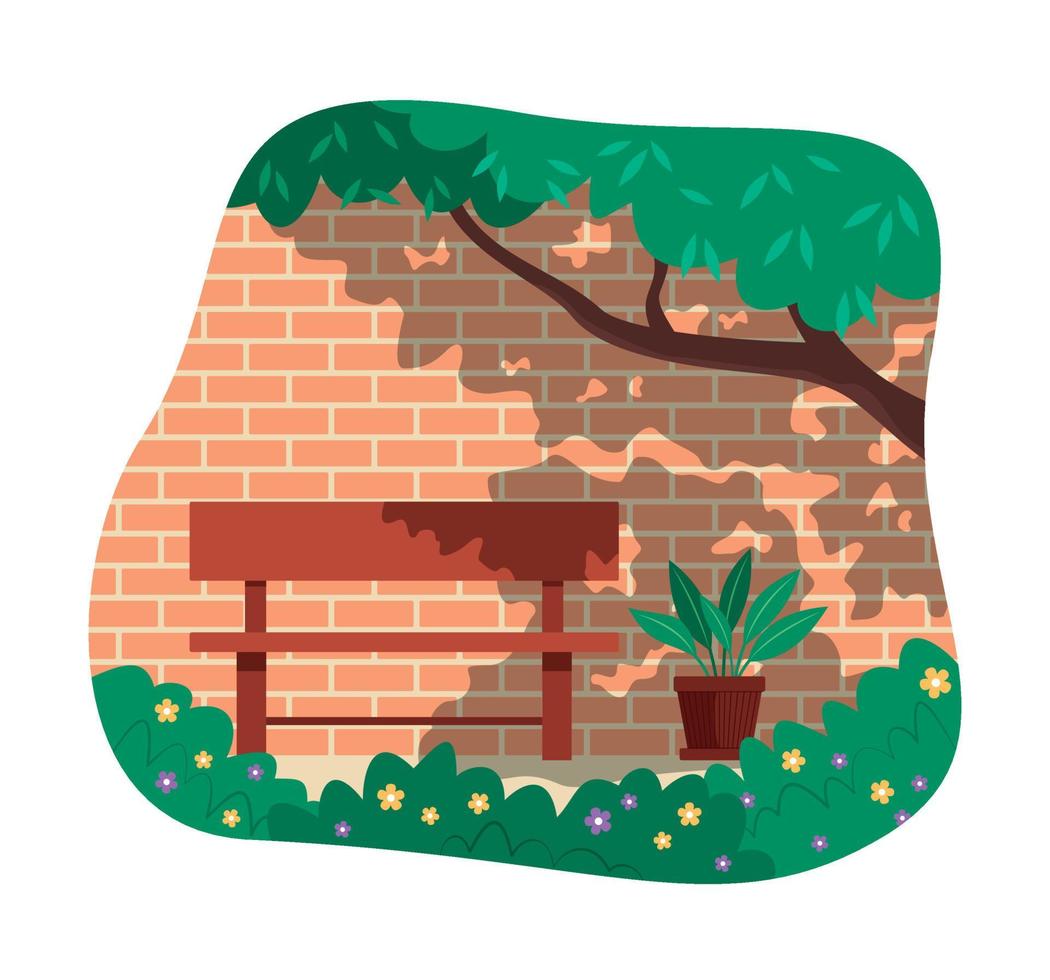 sommar koncept illustration med bänk i trädgården. vektor