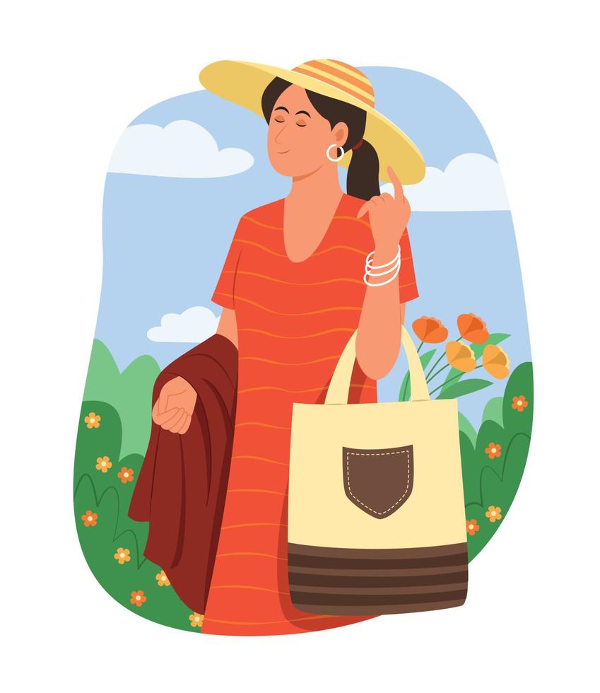 Frau picknickt im Garten und genießt die Sommersaison. vektor