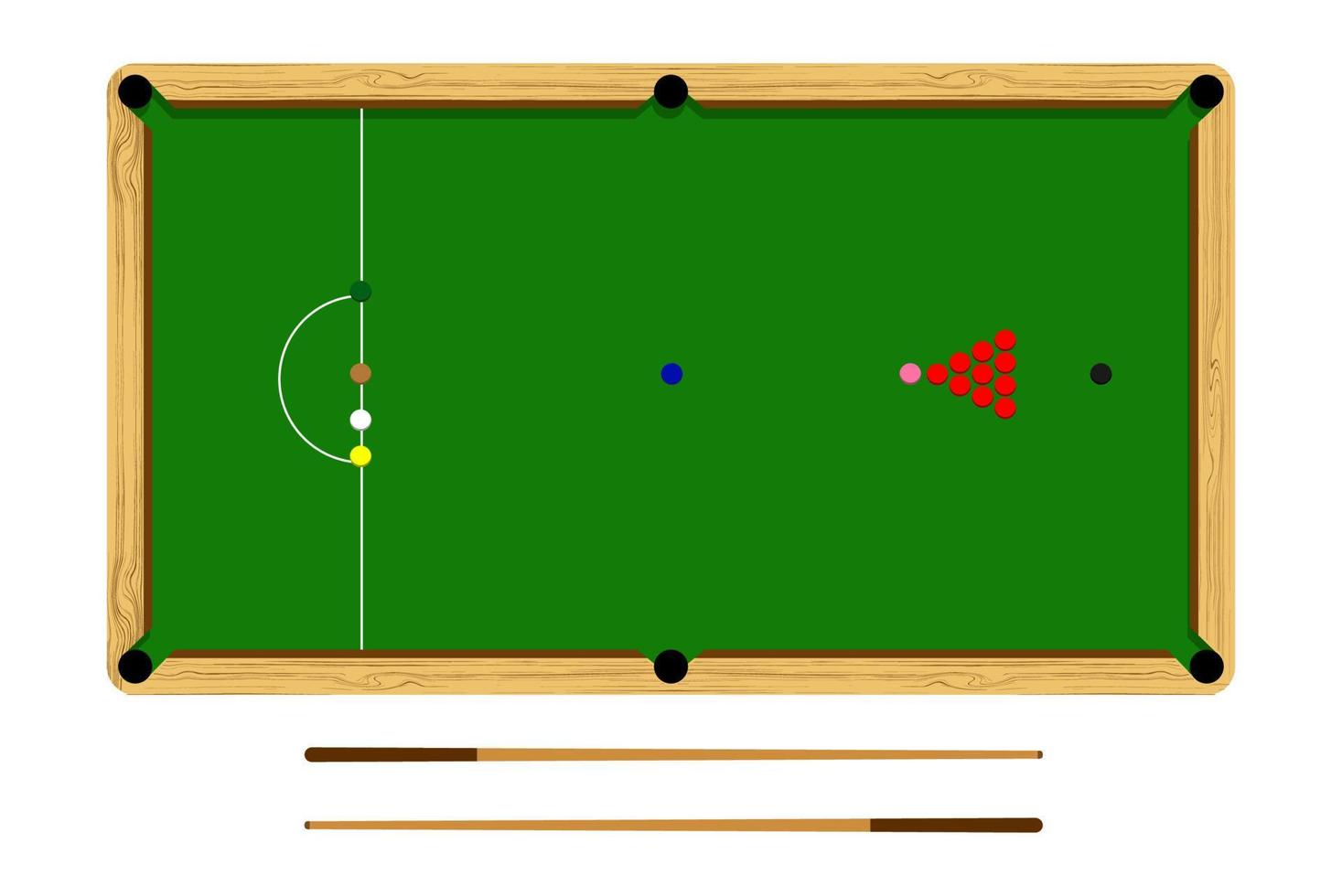 platt tecknat snookerbord, biljardbollset, brunt träbord och kö isolerad på vit bakgrund, vektorillustration vektor