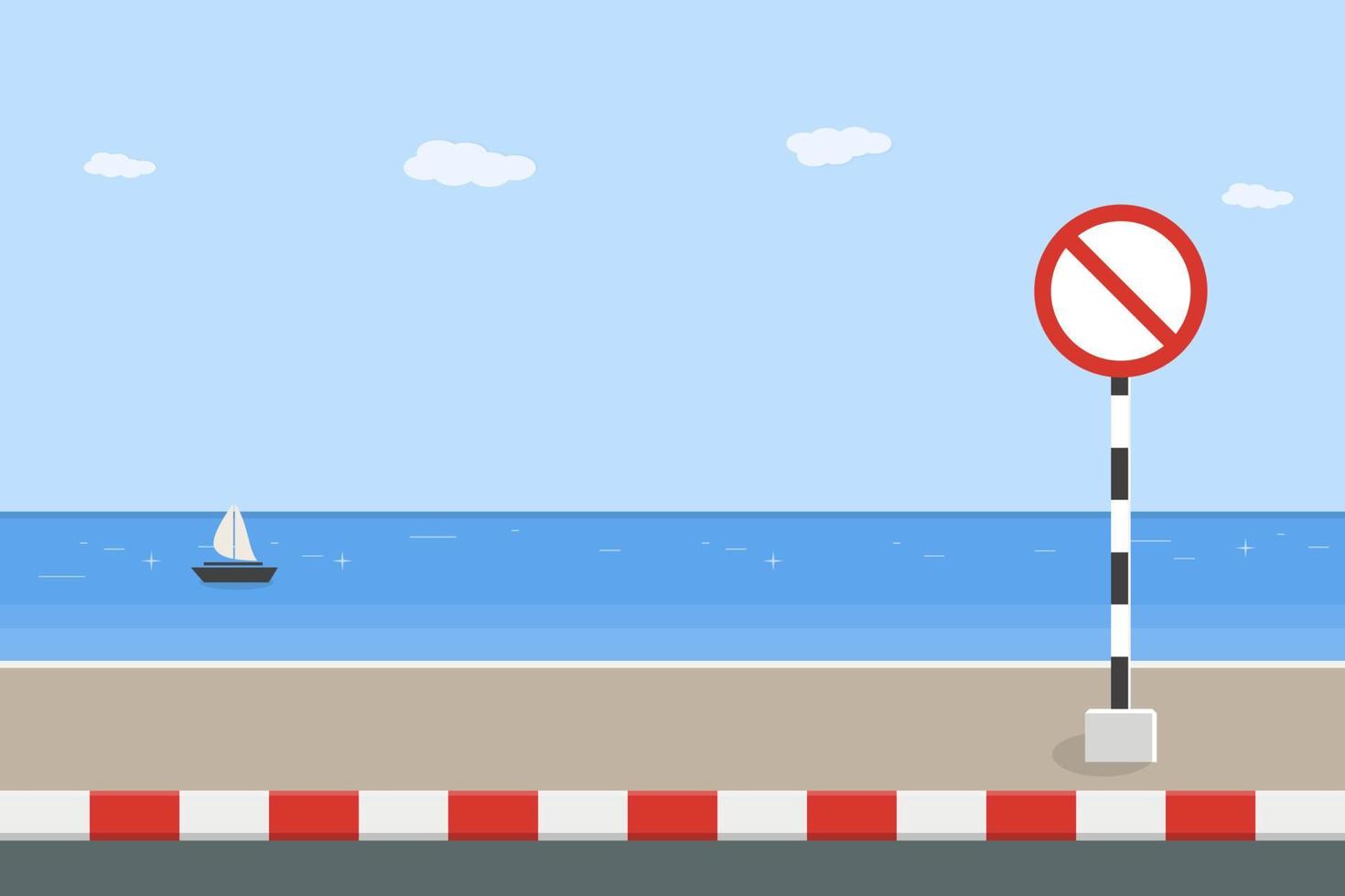 ingen parkering trafikskylt styrelse på trottoaren med havet bakgrund, vektorillustration vektor