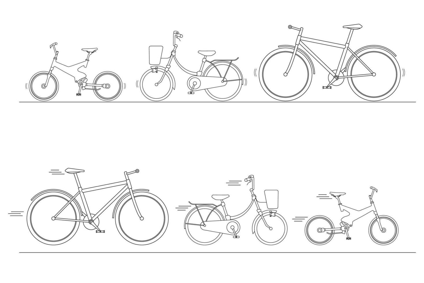 fahrradset für familienfahrt, silhouette von fahrrädern isoliert auf weißem hintergrund, fahrrad für mann, frau, junge, mädchen, vektorillustration vektor