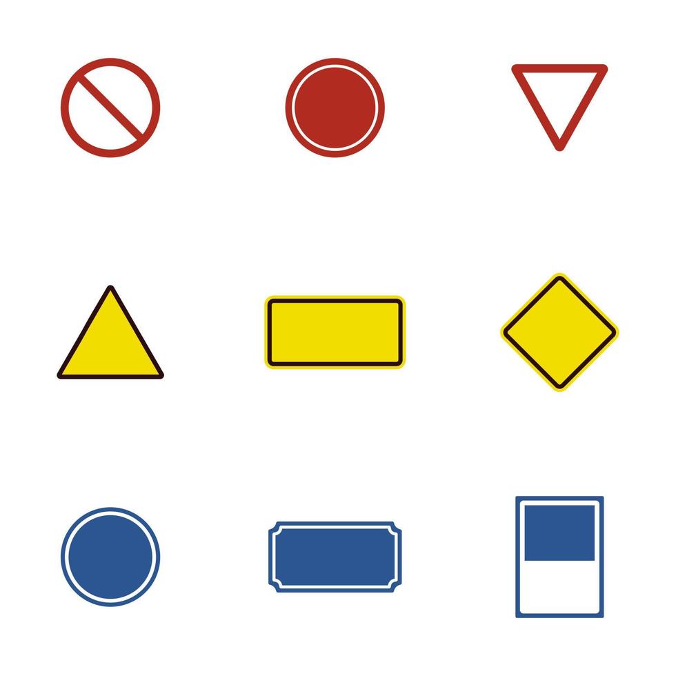 Tom röd blå gul vägskylt vektorillustration. tomma trafikskyltar isolerad på vit bakgrund. designa tom skylt för din text vektor