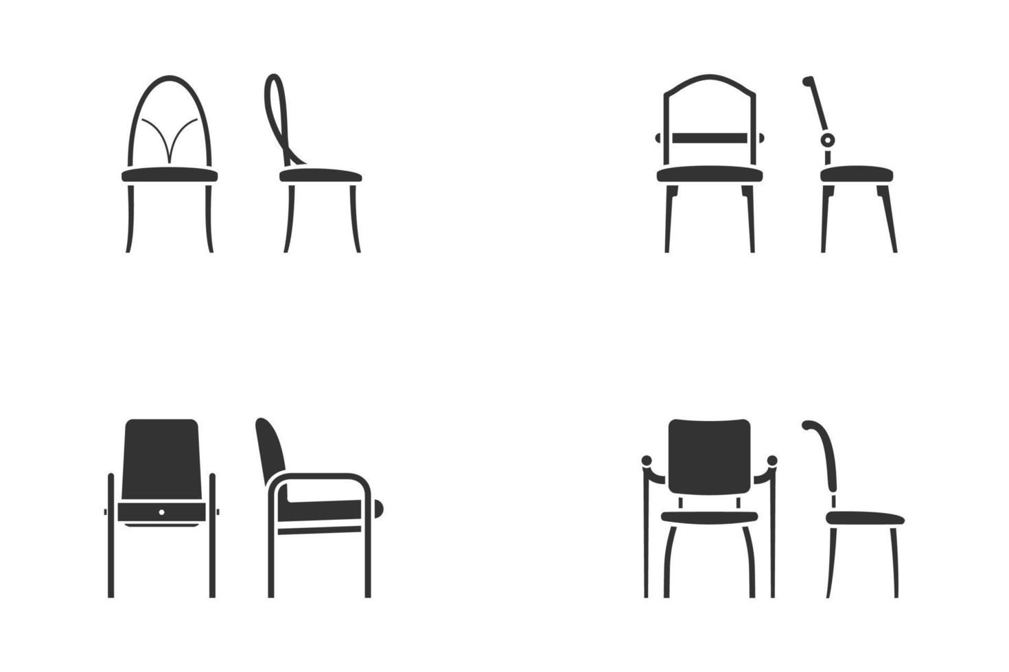 Reihe von abstrakten Schwarz-Weiß-Stuhlsymbolen für Lobby-Zimmer. Vorderansicht und Seitenansicht verschiedener Stühle im flachen Stil, Vektorillustration vektor