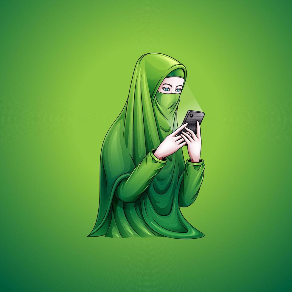 Illustration einer muslimischen Frau, die ein Mobiltelefon hält vektor