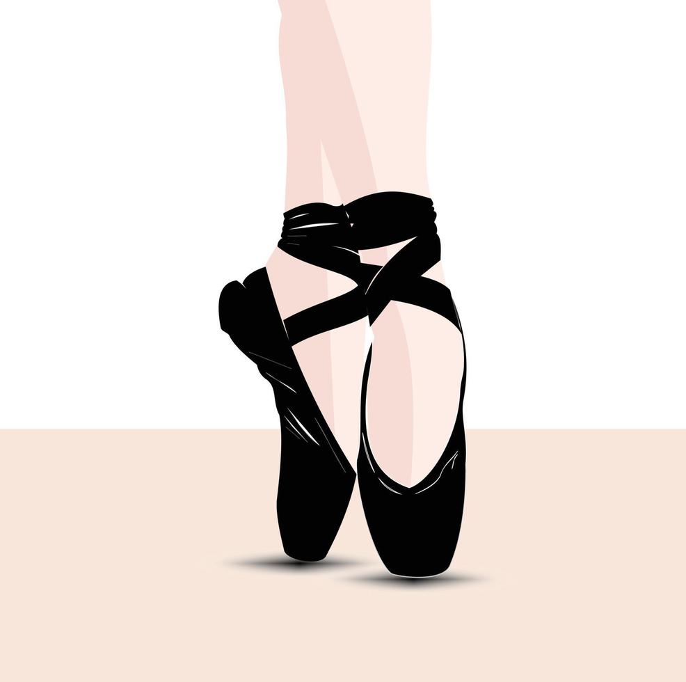 Füße einer Ballerina, die auf Zehenspitzen in schwarzen Ballettschuhen mit Bändern steht vektor