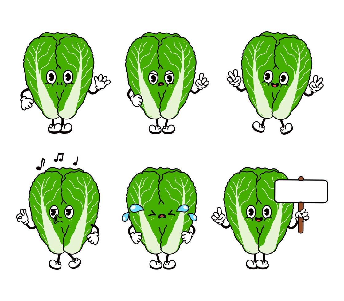 rolig söt kinakål tecken bunt set. vektor handritad doodle stil traditionell tecknad vintage, retro karaktär illustration ikon design. isolerade vit bakgrund. glad kålmaskot