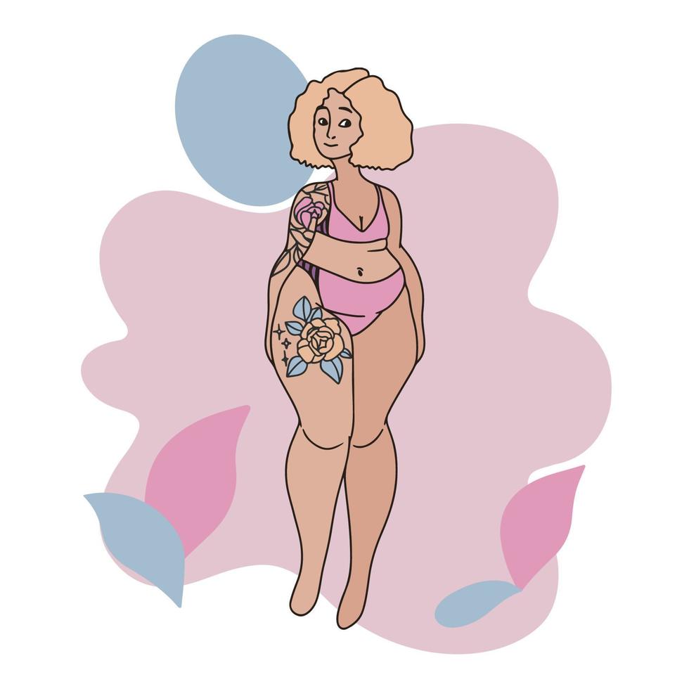 flicka med helfigur på stranden, i baddräkt, med tatueringar vektor