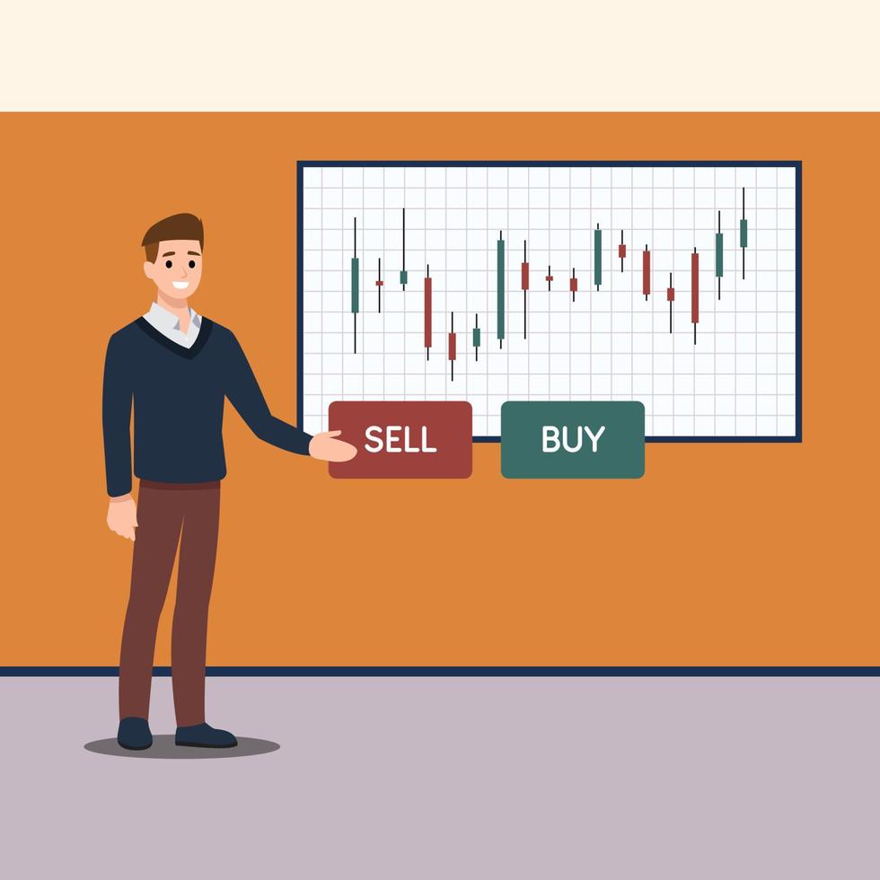 technischer händler analysiert aktienchart. geschäftsmann, der präsentationen und professionelle trainings über marketing durchführt. flache illustration der konferenz vektor