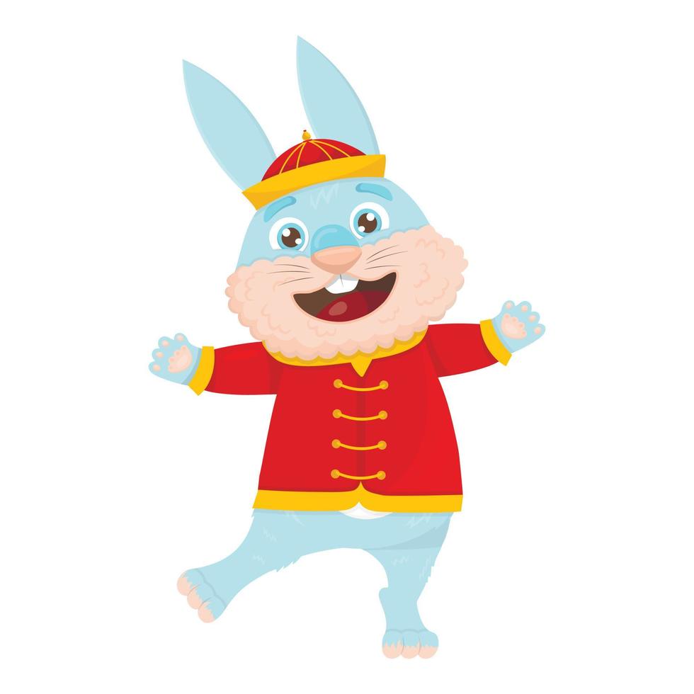 süßes blaues kaninchen der karikatur in einem nationalen chinesischen kostüm tanzt und wedelt mit den pfoten vektor