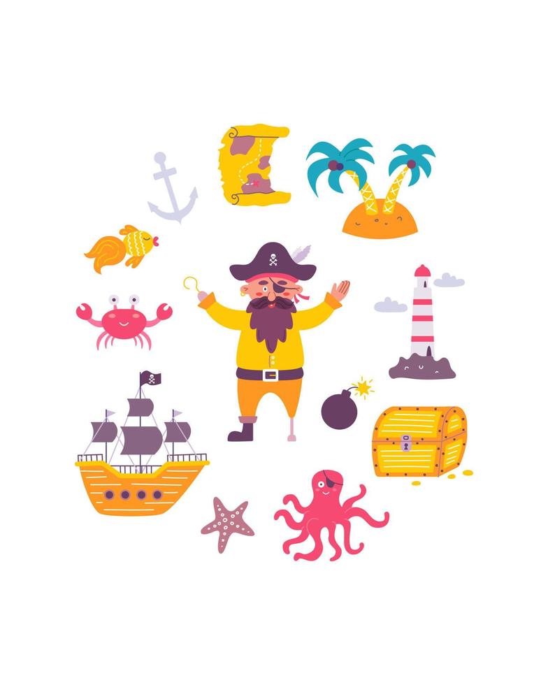 lustiger Piratendruck für Kinder. kapitän mit meeresbewohnern, schiff, karte im flachen handgezeichneten stil. Design für die Gestaltung von Postkarten, Plakaten, Einladungen und Textilien vektor