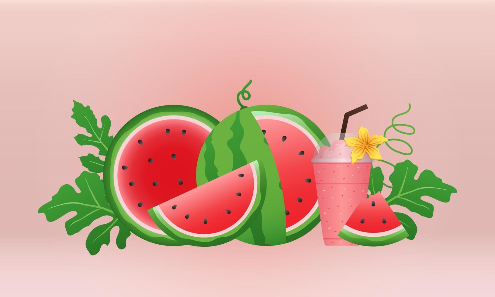 wassermelone und saftige scheibenfahne, flaches design von grünen blättern und wassermelonenblumenillustration, frisches und saftiges fruchtkonzept der sommernahrung. vektor