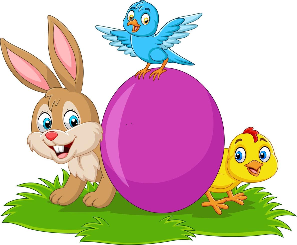 tecknad kanin med baby chick, bluebird och ägg på gräset vektor