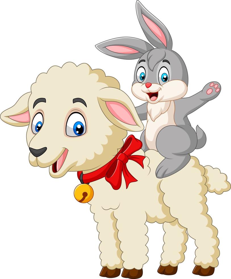tecknad söt kanin som rider på ett lamm vektor