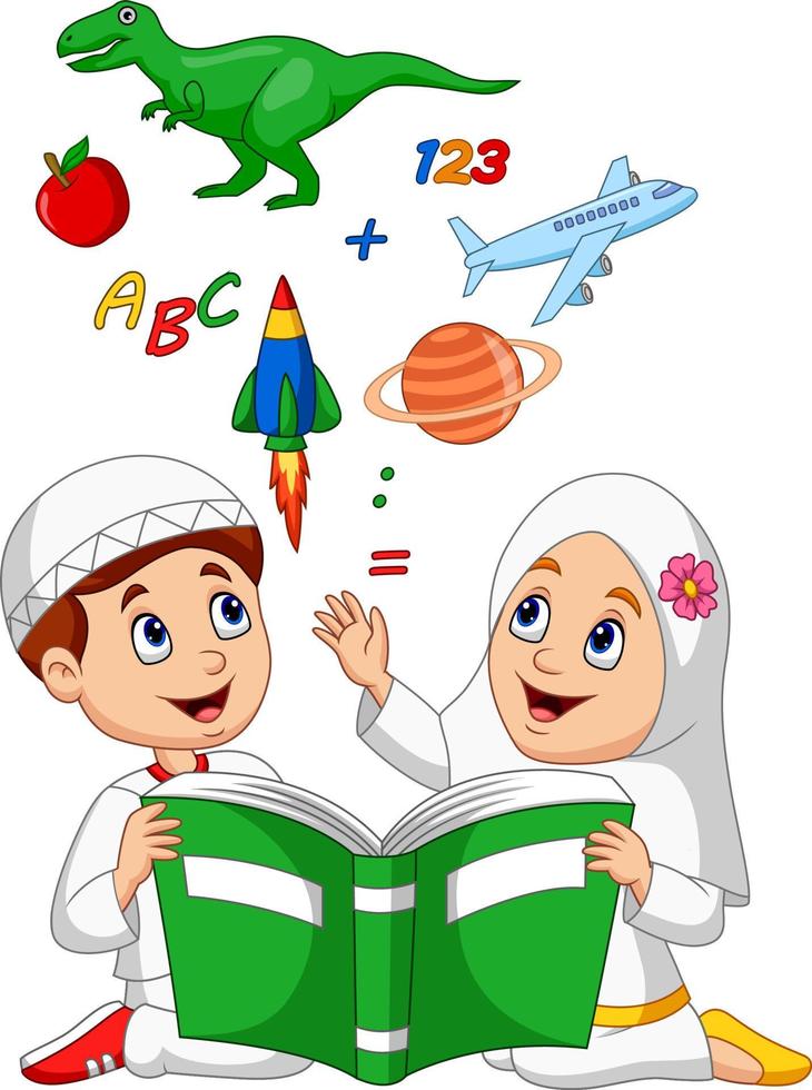 karikatur muslimische kinder lesen buch bildungskonzept vektor
