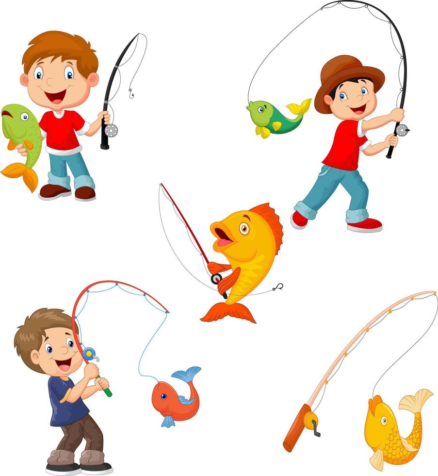 uppsättning små pojkar som fiskar vektor