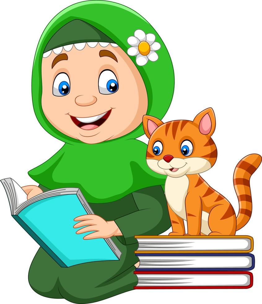 muslimsk tjej läser en bok tillsammans med katt vektor
