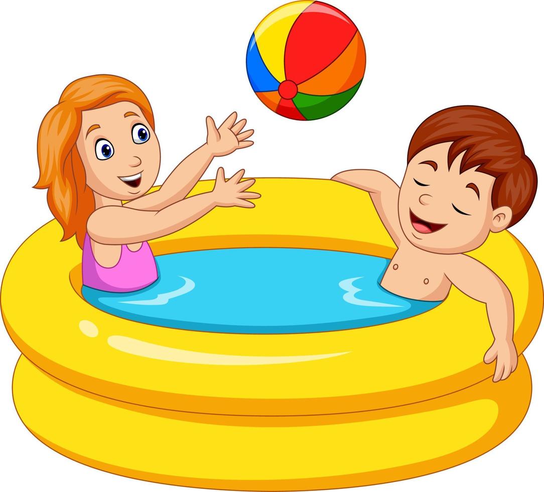 liten flicka och pojke som leker i en uppblåsbar pool vektor