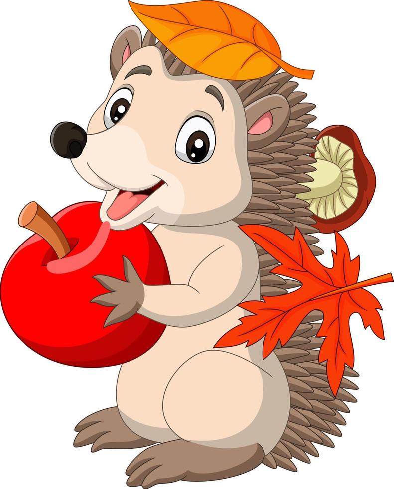 Cartoon-Baby-Igel mit rotem Apfel, Herbstlaub und Pilz vektor