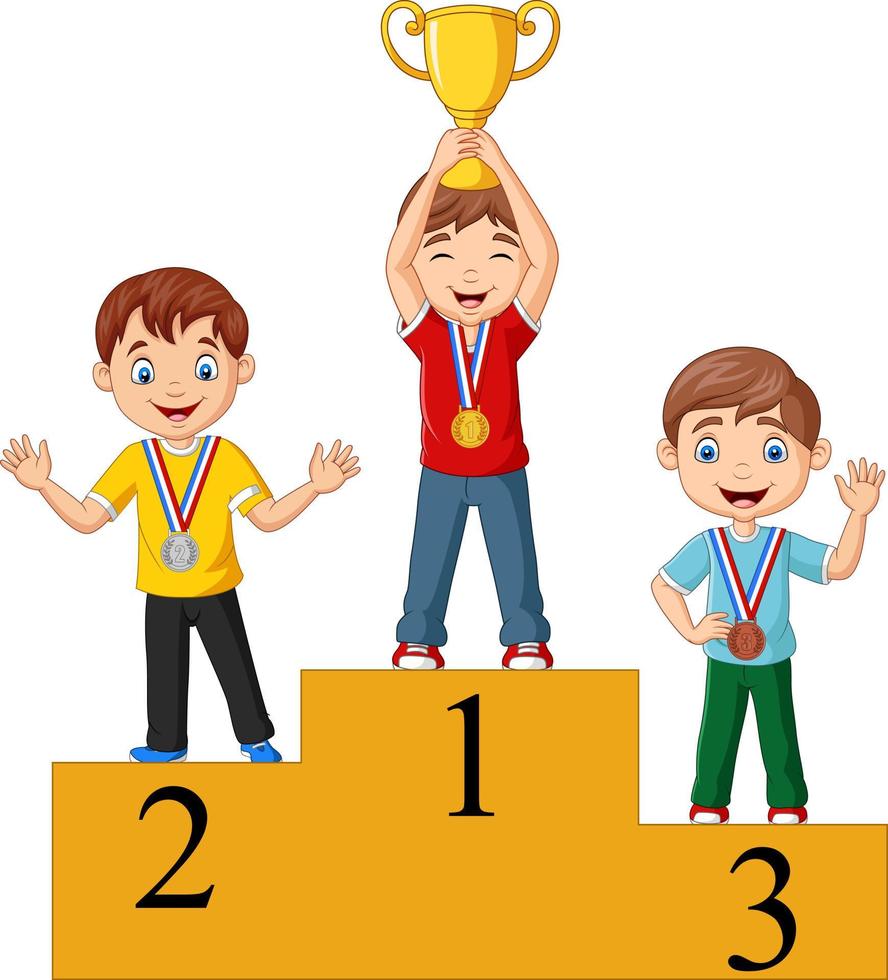 Kinder mit Medaillen stehen auf dem Podium und halten eine Trophäe vektor