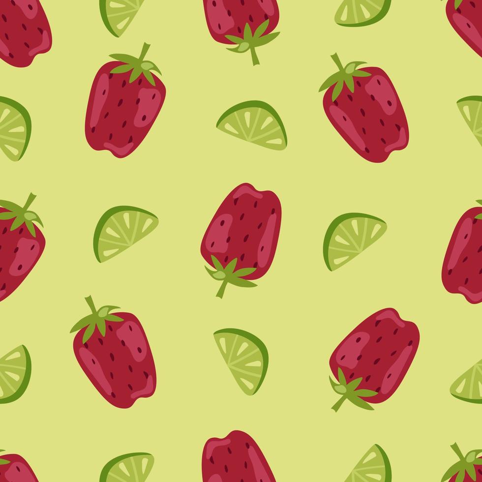 sömlöst mönster med stora jordgubbar och limeskivor på en ljusgrön bakgrund. botanisk vektorillustration för utskrift på kläder, textilier, papper, tyg, förpackningar. vektor