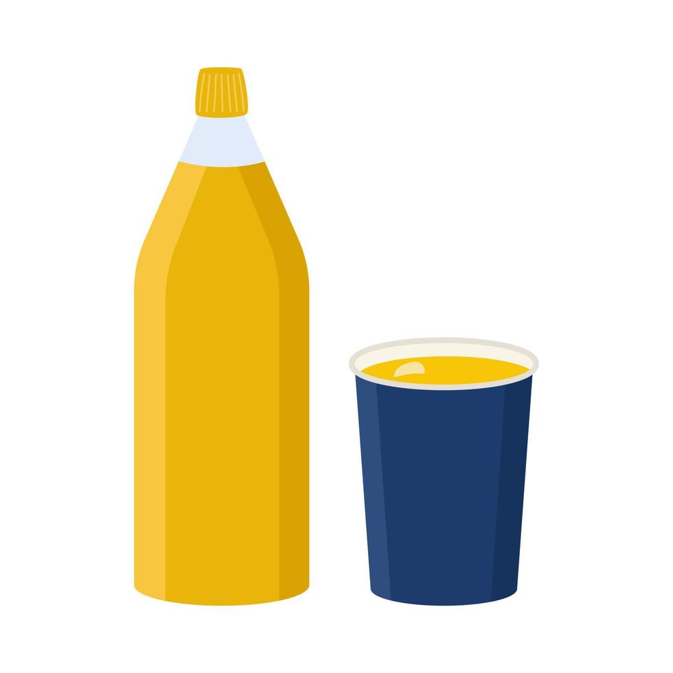 eine Flasche Orangensaft und einen Pappbecher. Vektor-Illustration isoliert auf weißem Hintergrund. vektor