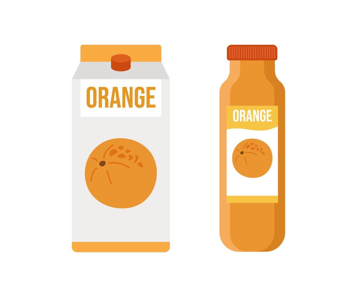 Box und eine Flasche Orangensaft. vektorillustration einfacher verpackungen für fruchtgetränke verschiedener arten. getrennt auf einem weißen Hintergrund. vektor