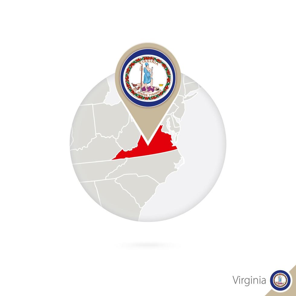 virginia us state karta och flagga i cirkel. karta över virginia, virginia flaggnål. karta över virginia i stil med världen. vektor