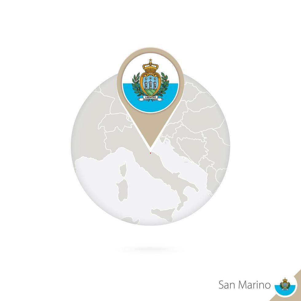 san marino karte und flagge im kreis. karte von san marino, san marino flag pin. Karte von San Marino im Stil des Globus. vektor