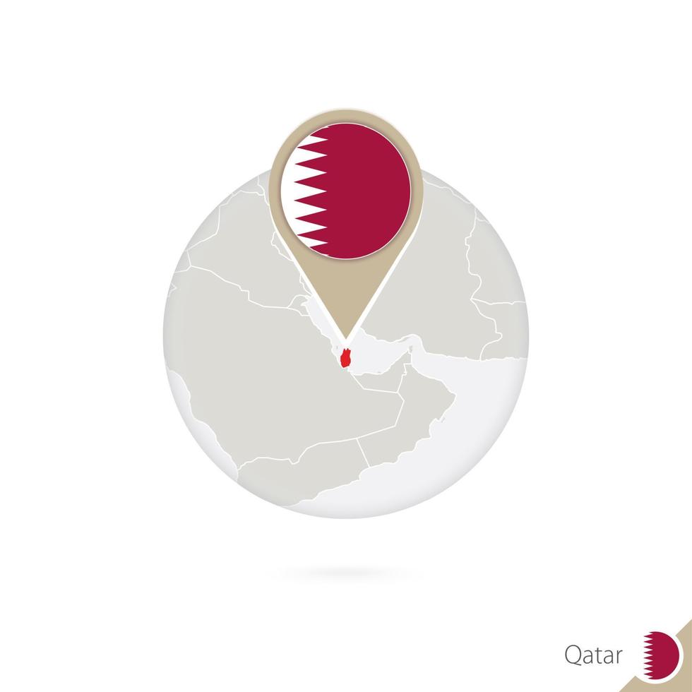 Qatar karta och flagga i cirkel. karta över qatar, qatar flaggnål. karta över qatar i stil med världen. vektor