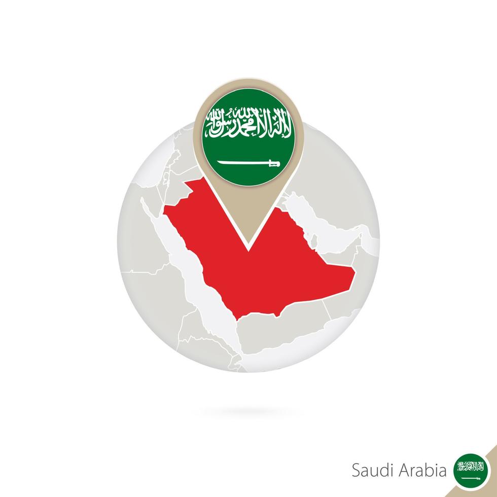 Saudiarabien karta och flagga i cirkel. karta över saudiarabien, saudiarabien flaggnål. karta över Saudiarabien i stil med världen. vektor
