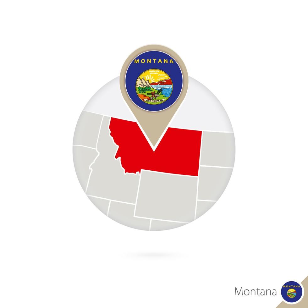 montana us-staatskarte und flagge im kreis. Karte von Montana, Montana-Flaggenstift. Karte von Montana im Stil des Globus. vektor