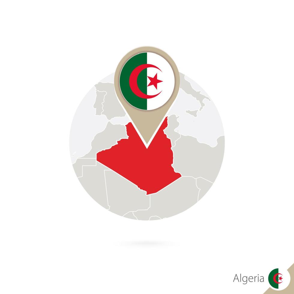 Algerien-Karte und Flagge im Kreis. karte von algerien, algerien-flaggenstift. Karte von Algerien im Stil des Globus. vektor