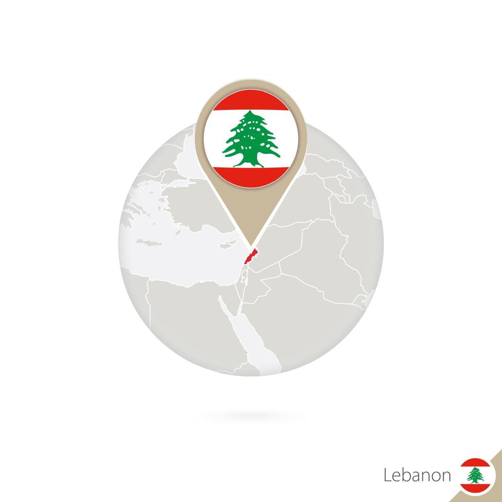 Libanon karta och flagga i cirkel. karta över Libanon, Libanons flagga nål. karta över Libanon i stil med världen. vektor
