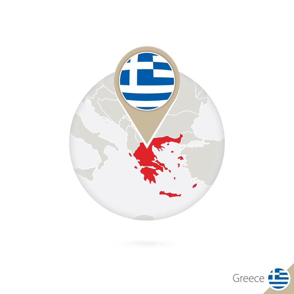 Griechenland-Karte und Flagge im Kreis. karte von griechenland, griechenland flag pin. Karte von Griechenland im Stil des Globus. vektor