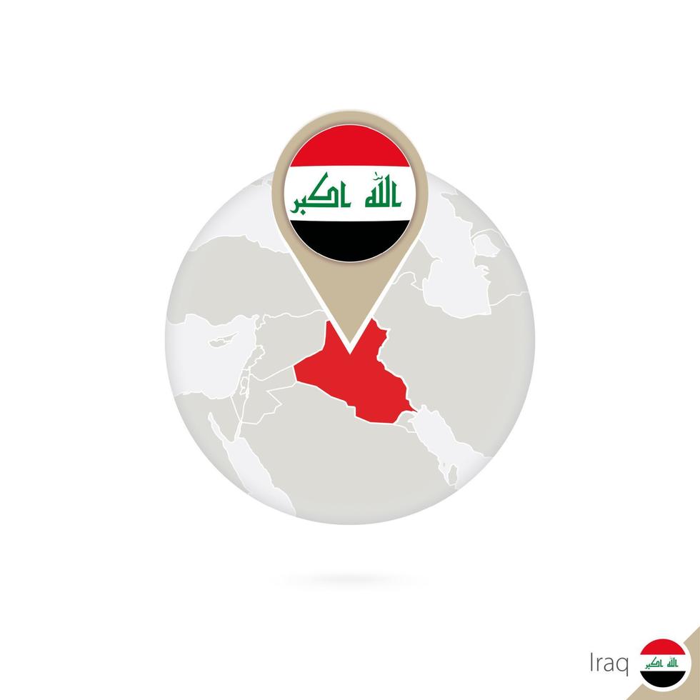 Irak karta och flagga i cirkel. karta över irak, irak flaggnål. karta över irak i stil med världen. vektor