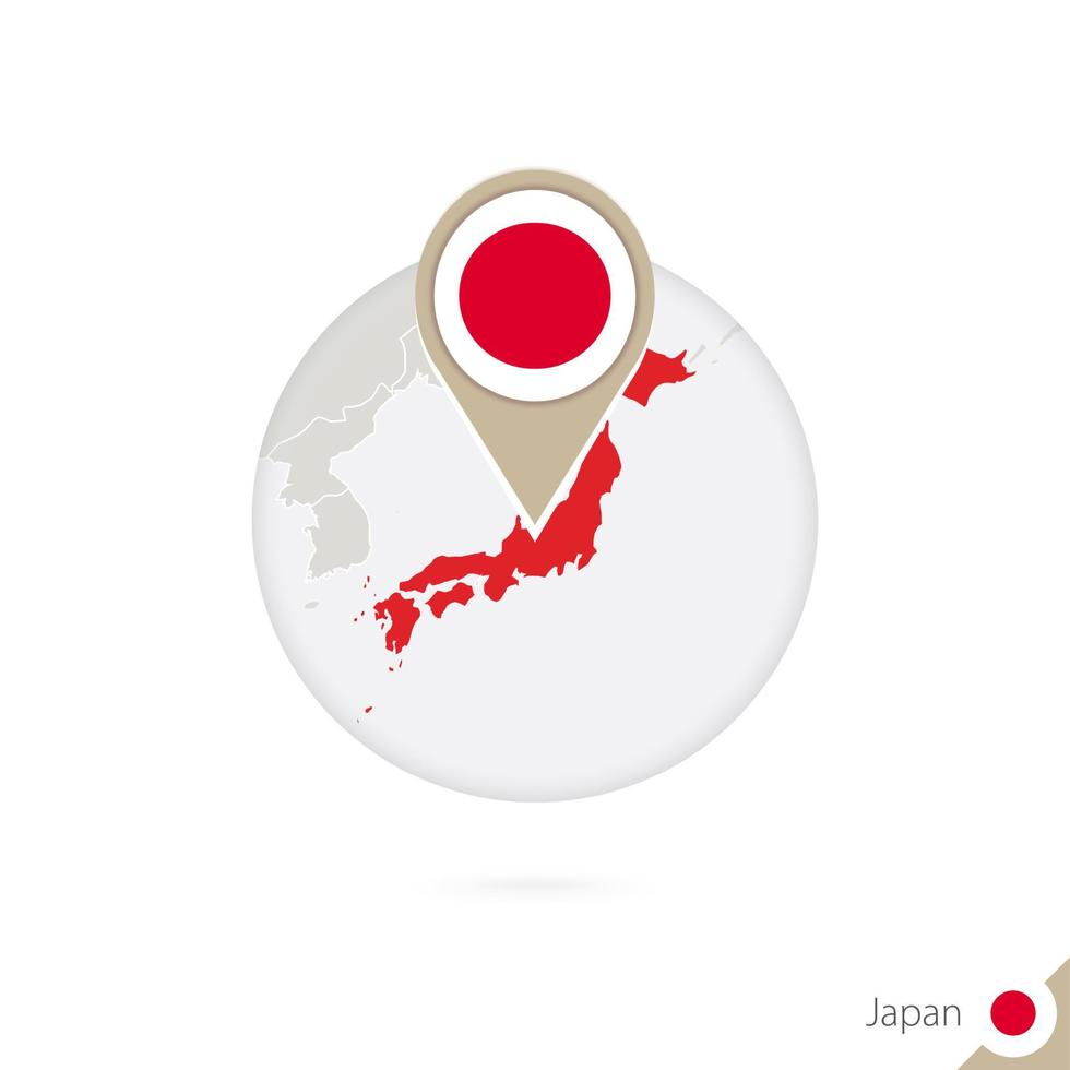 Japan-Karte und Flagge im Kreis. karte von japan, japan-flaggenstift. Karte von Japan im Stil des Globus. vektor