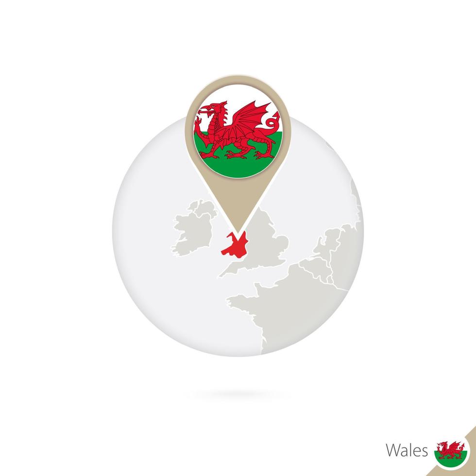 wales-karte und flagge im kreis. Karte von Wales, Flaggenstift von Wales. Karte von Wales im Stil des Globus. vektor