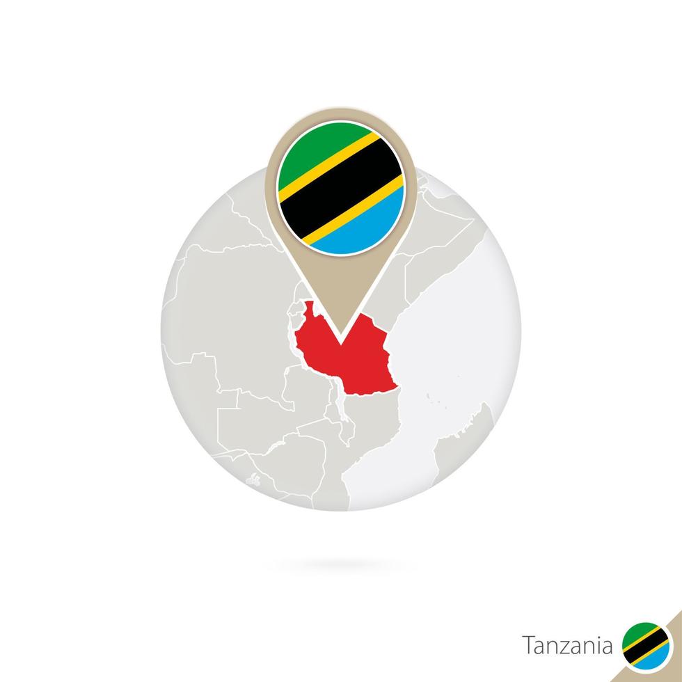 tanzania karta och flagga i cirkel. karta över tanzania, tanzania flaggnål. karta över tanzania i stil med världen. vektor