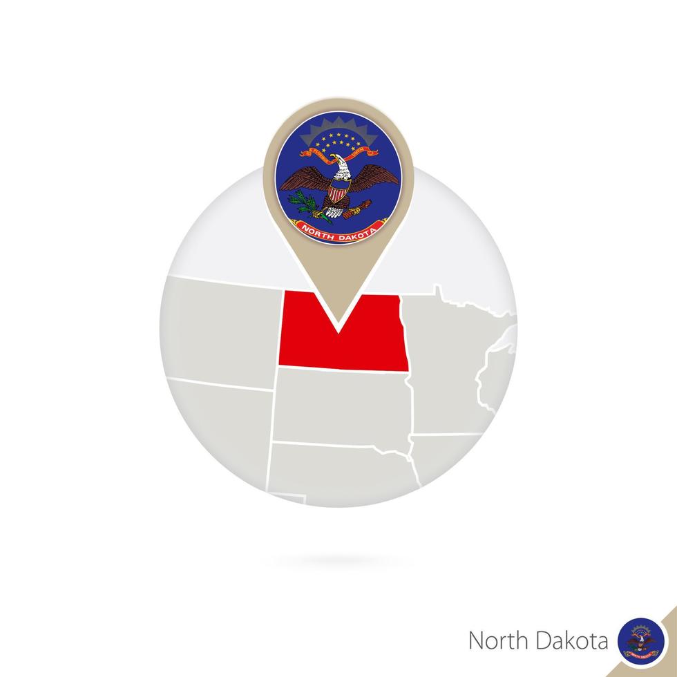 North Dakota US-Staatskarte und Flagge im Kreis. karte von north dakota, flaggenstift von north dakota. Karte von North Dakota im Stil des Globus. vektor