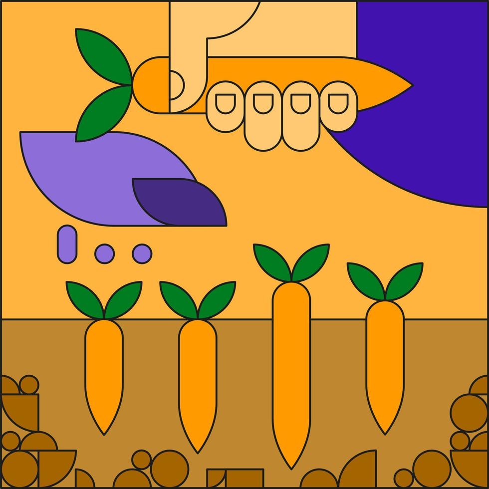 Hand, die eine Karotte hält und erntet. vektorflache illustration zum thema landwirtschaft, gemüseanbau. stilisiertes Karottensymbol, Symbol für die Landwirtschaft. trendige süße postkarte aus geometrischen formen vektor