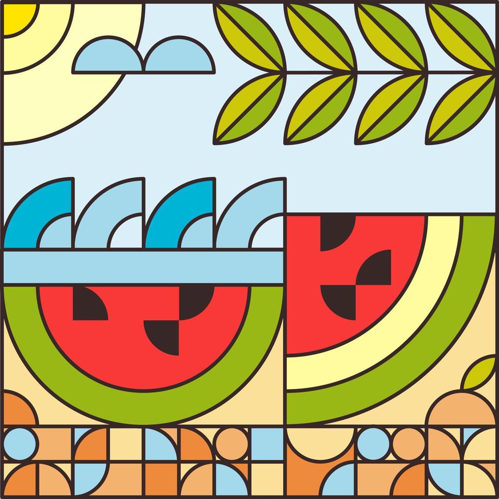 vektor stiliserad illustration av enkla geometriska former. bild av stranden, havet, vattenmelonskivor. solig sommardag, söt vykort med trendig design