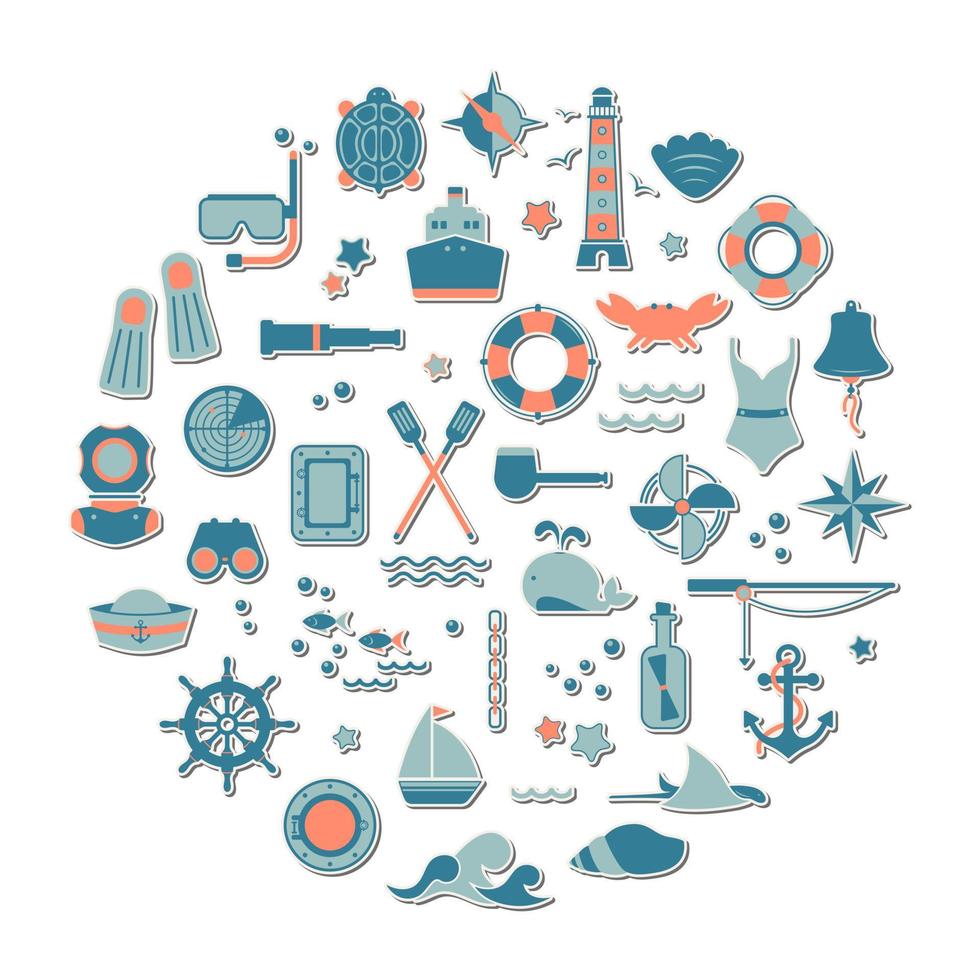 vektor klistermärke ikonuppsättning på temat havet, navigering, resor, turism, dykning. nautisk illustration av sjöfartsobjekt, seglingsutrustning