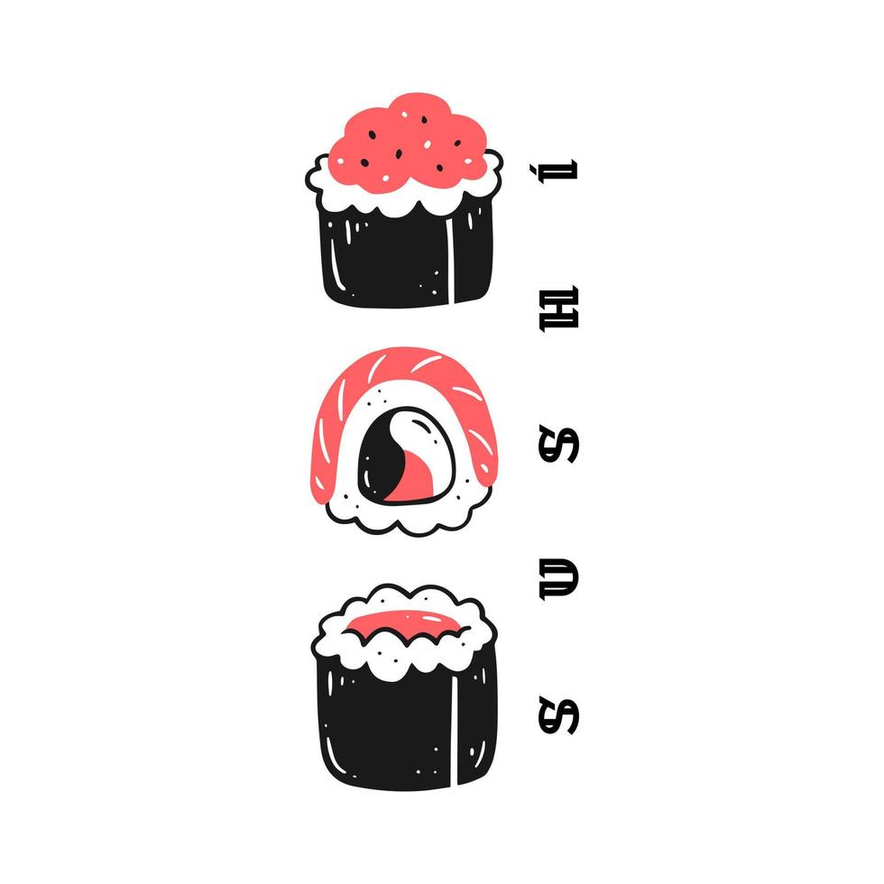Vertikale Vorlagensushirollen im Doodle-Stil mit Sushi-Text. Logo Design. vektor lokalisierte japanische lebensmittelillustration.