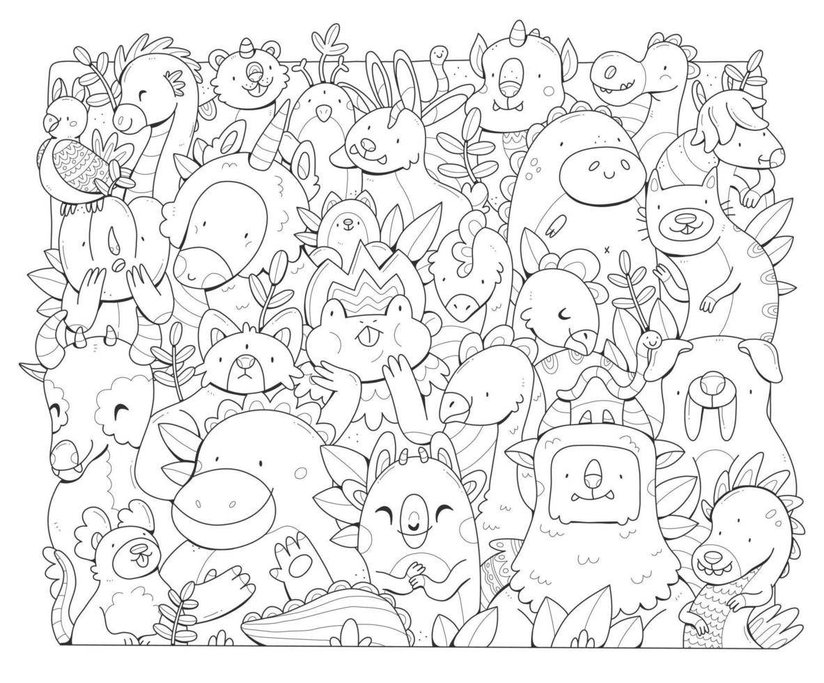 monster stora doodle målarbok. målarbokaffischen med olika söta varelser. vektor svartvit illustration.