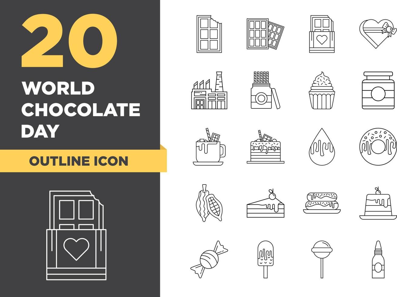 världens chokladdag kontur ikonuppsättning vektor