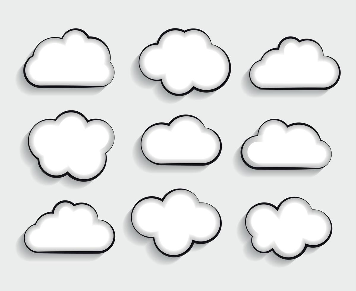 satz von flachen wolkenförmigen rahmen mit langen schattenvektorillustrationen vektor